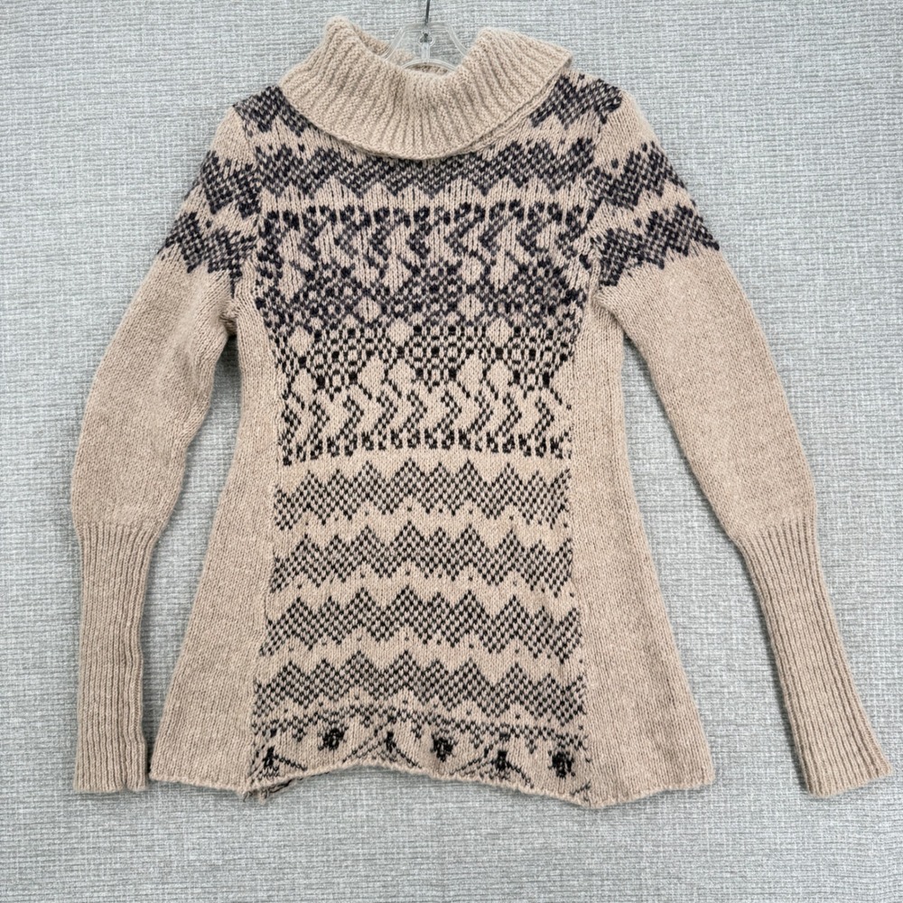 Free People Nordic Knit Sweater Size M Tan Brown‎ Wool Blend Pullover Boho Fairy